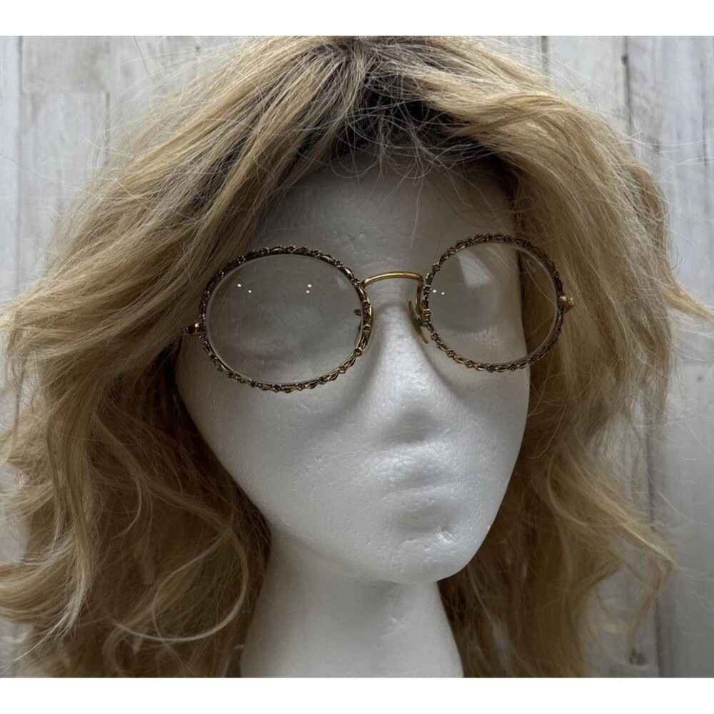 Vintage Iconic Shuron 60’s Eyeglasses 5 1/4 Frames USA Gold Floral Round MCM